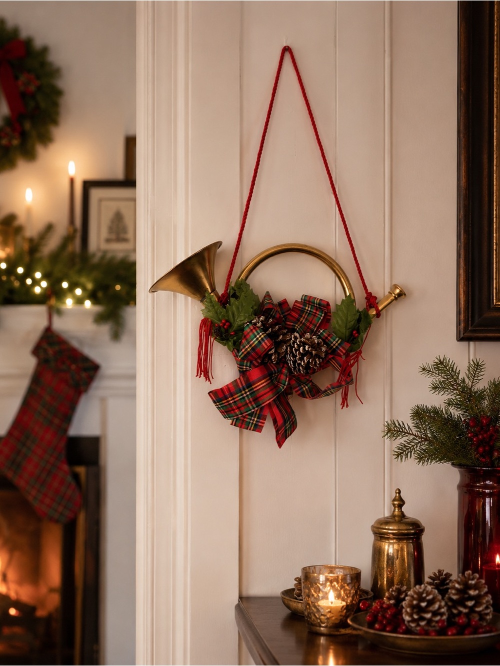 Holiday Brass Horn Wreath with Red Tartan Bow